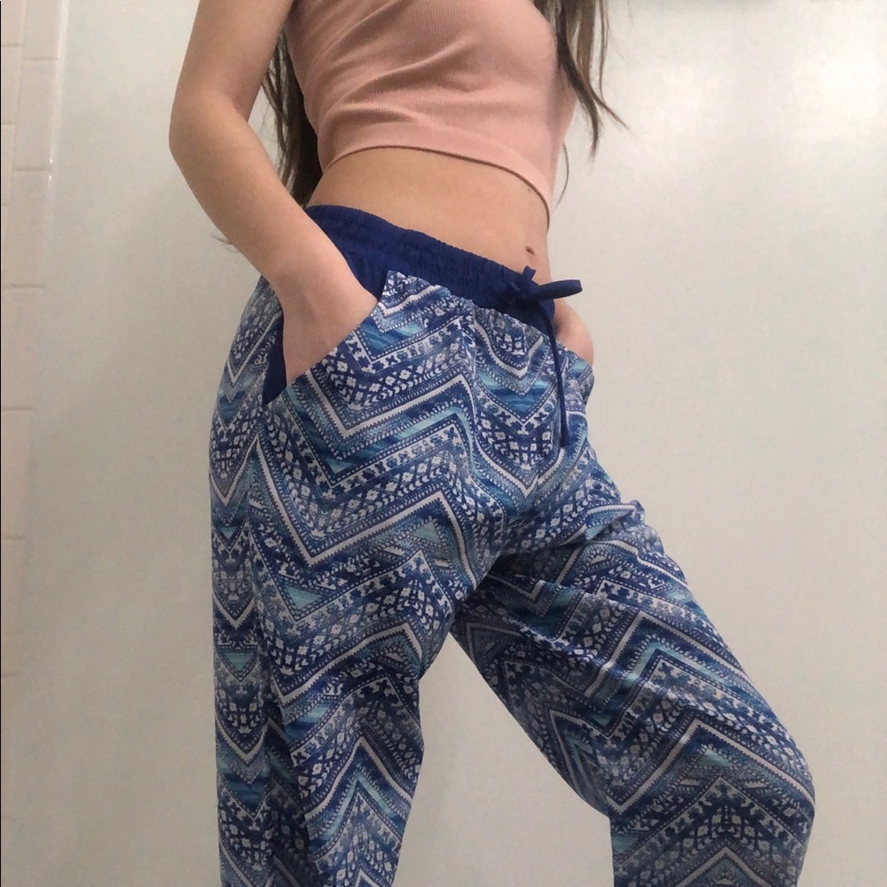 Blue designed jogger-style pants